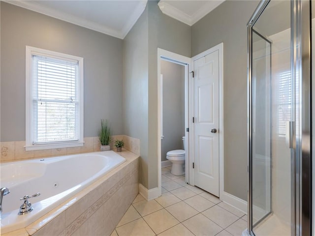 bathroom featuring toilet, a healthy amount of sunlight, tile patterned floors, and plus walk in shower