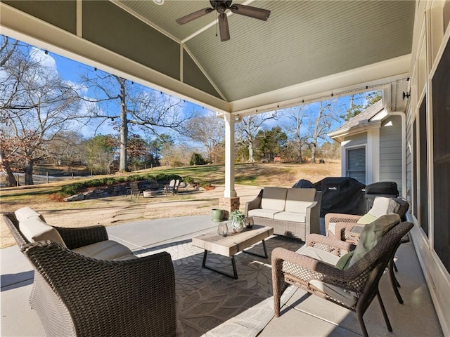 view of patio featuring ceiling fan and an outdoor hangout area