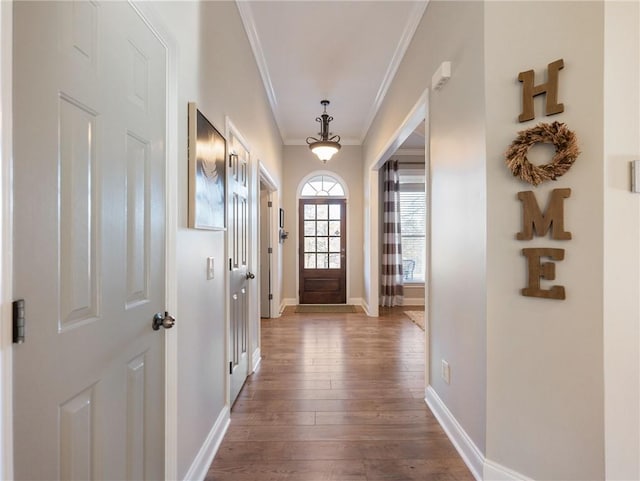 entryway featuring hardwood / wood-style floors and crown molding