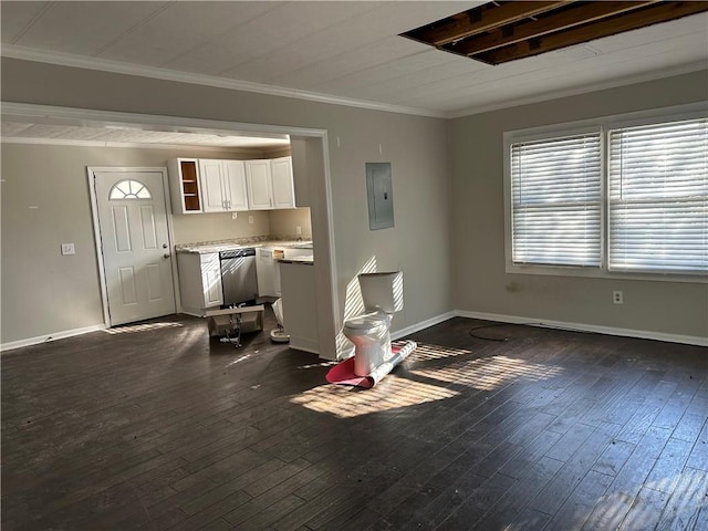 unfurnished living room with electric panel, dark hardwood / wood-style floors, and ornamental molding