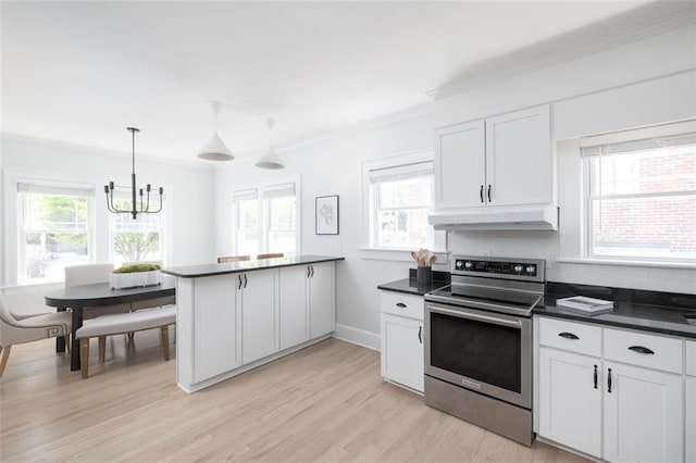 kitchen featuring electric stove, white cabinets, a chandelier, and light hardwood / wood-style flooring