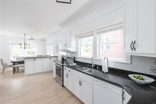 kitchen featuring stainless steel range with electric cooktop, white cabinetry, sink, light hardwood / wood-style flooring, and dishwasher