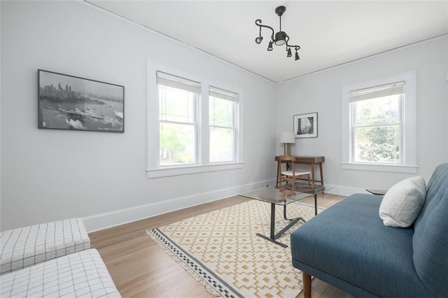 living room with a chandelier and light hardwood / wood-style flooring