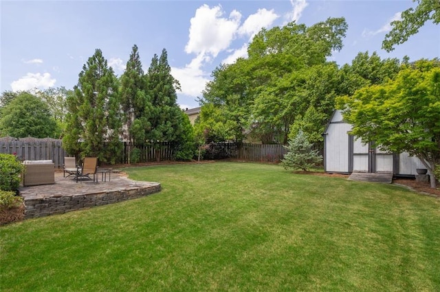 view of yard with a storage shed and a patio area