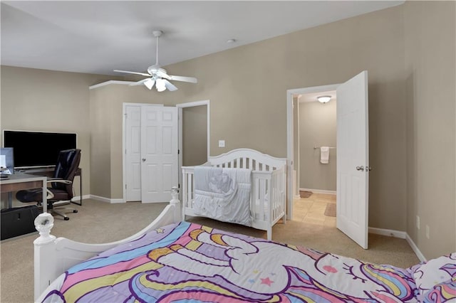 bedroom with carpet flooring, ceiling fan, and baseboards