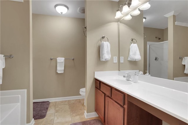 full bath featuring toilet, a stall shower, tile patterned flooring, baseboards, and vanity