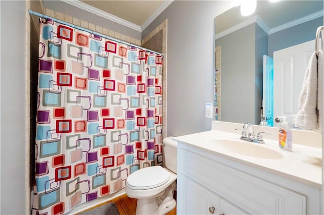 bathroom featuring toilet, vanity, crown molding, and curtained shower