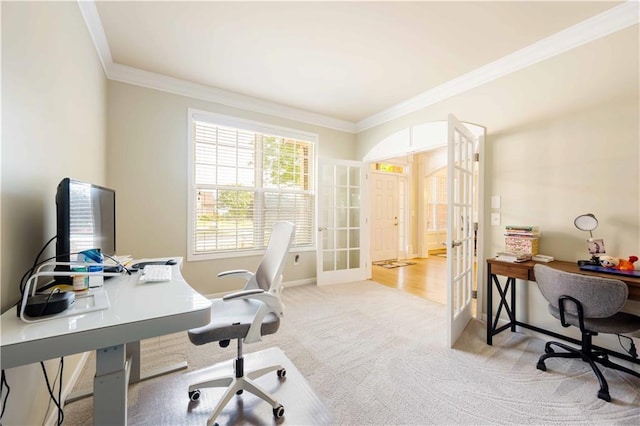 home office with ornamental molding, french doors, carpet flooring, and baseboards