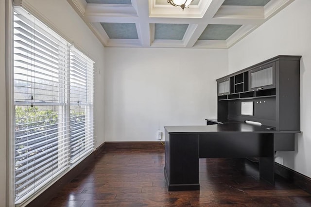 office featuring coffered ceiling, dark hardwood / wood-style floors, crown molding, and beam ceiling