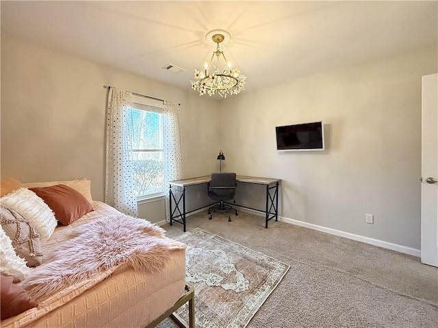 bedroom featuring a chandelier, carpet flooring, visible vents, and baseboards