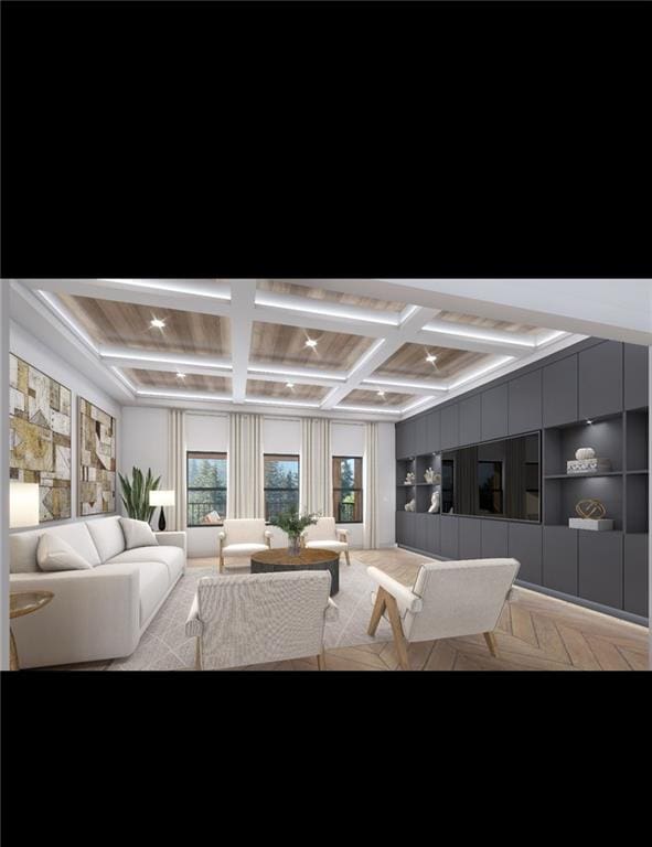 living room featuring beam ceiling and coffered ceiling