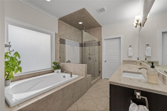 bathroom featuring vanity, crown molding, tile patterned floors, and independent shower and bath