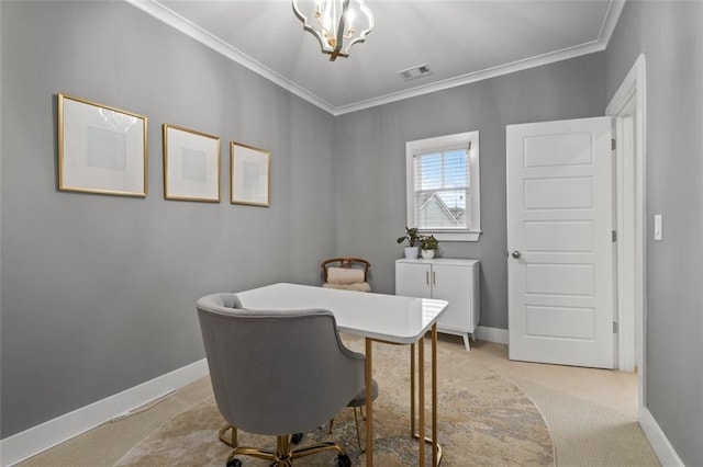 carpeted office space with crown molding and a chandelier