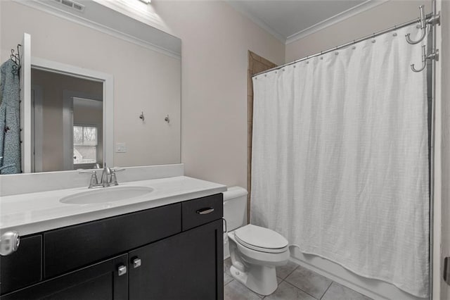 full bathroom featuring shower / tub combo with curtain, vanity, toilet, crown molding, and tile patterned floors