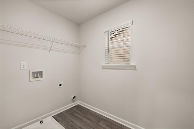 washroom with laundry area, baseboards, wood finished floors, washer hookup, and electric dryer hookup