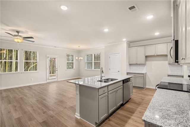 kitchen featuring appliances with stainless steel finishes, visible vents, a sink, and a center island with sink