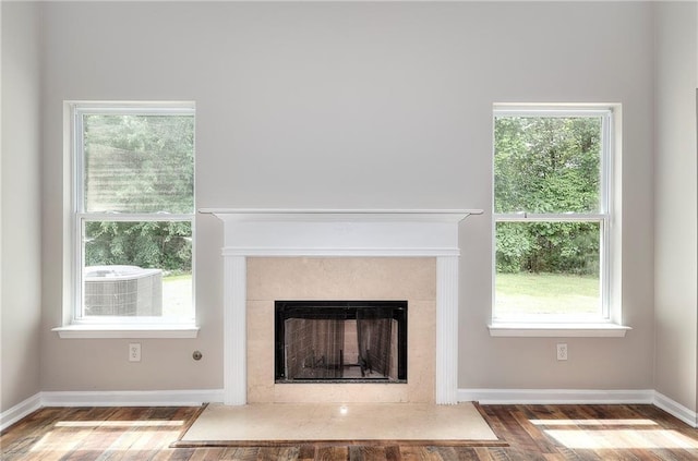 4041 Ash Tree St, Snellville, GA 30039 - detailed view of a fireplace with flush hearth, wood finished floors, and baseboards
