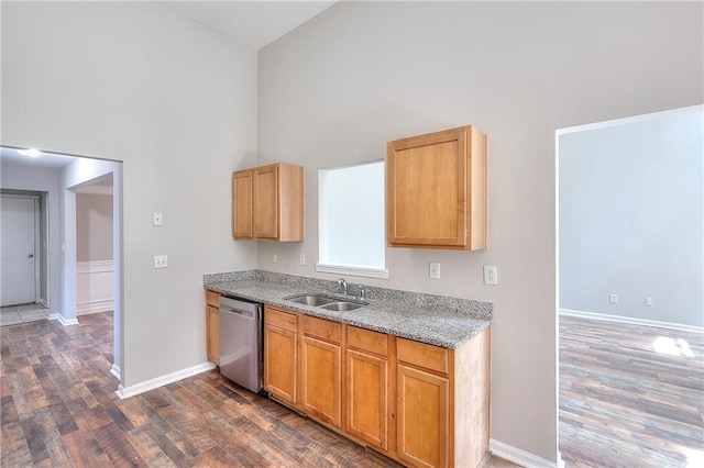 4041 Ash Tree St, Snellville, GA 30039 - kitchen featuring dishwasher, high vaulted ceiling, a sink, dark wood-style floors, and baseboards
