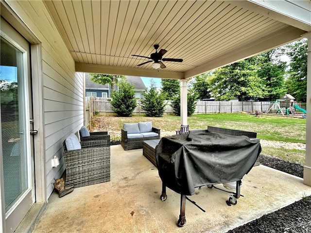 view of patio / terrace featuring outdoor lounge area, a playground, a ceiling fan, and a grill