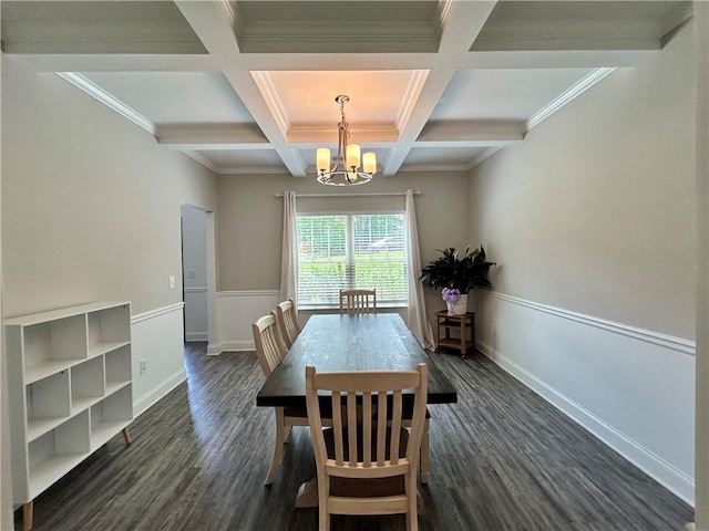 dining space featuring a chandelier, dark wood finished floors, coffered ceiling, beamed ceiling, and baseboards