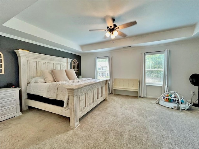 bedroom featuring a tray ceiling, multiple windows, and light colored carpet