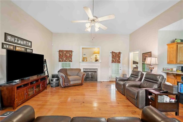 250 Brianna Blvd, Calhoun, GA 30701 - living room with a ceiling fan, light wood-style floors, and a fireplace