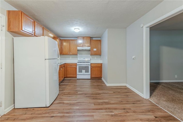 2045 Scarbrough Dr, Stone Mountain, GA 30088 - kitchen with white appliances, light wood-type flooring, under cabinet range hood, baseboards, and a textured ceiling