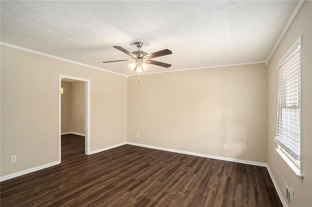 896 Meadow Rock Way, Stone Mountain, GA 30083 - spare room featuring a textured ceiling, ceiling fan, ornamental molding, and dark wood-type flooring