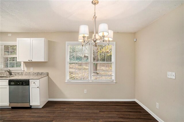 896 Meadow Rock Way, Stone Mountain, GA 30083 - kitchen featuring dishwasher, a notable chandelier, dark wood-type flooring, white cabinets, and decorative light fixtures