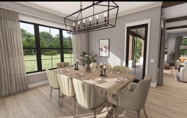dining space with light wood-type flooring, baseboards, and plenty of natural light
