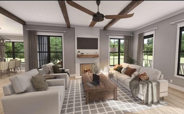 living room featuring wood finished floors, a warm lit fireplace, ceiling fan, baseboards, and beam ceiling