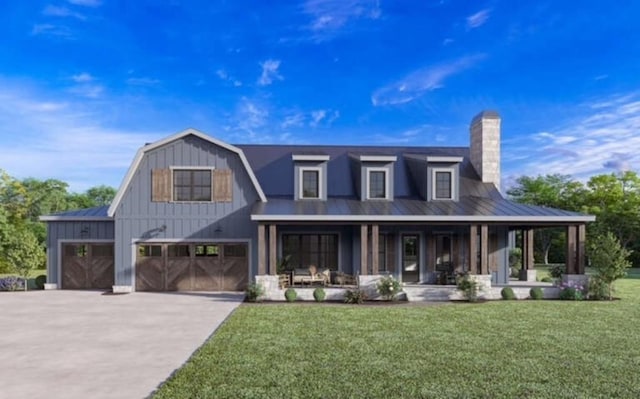 view of front facade featuring a front yard, driveway, a porch, and a chimney