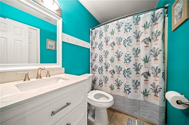 full bath with visible vents, toilet, a shower with curtain, tile patterned flooring, and vanity