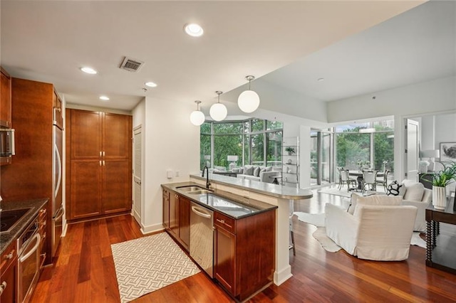 kitchen featuring stainless steel appliances, a healthy amount of sunlight, dark wood-type flooring, sink, and decorative light fixtures