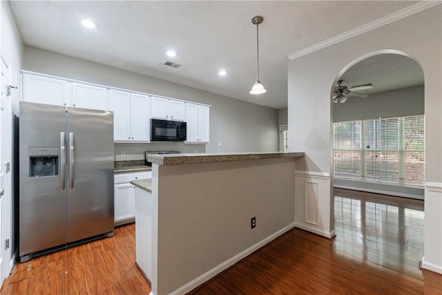 4844 W Park Cir Unit 4844, College Park, GA 30349 - kitchen featuring stainless steel refrigerator with ice dispenser, black microwave, wood finished floors, white cabinetry, and a peninsula