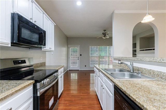 4844 W Park Cir Unit 4844, College Park, GA 30349 - kitchen with black appliances, a sink, ceiling fan, white cabinets, and light countertops