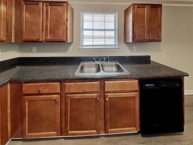 kitchen featuring a sink, crown molding, brown cabinetry, and dishwasher