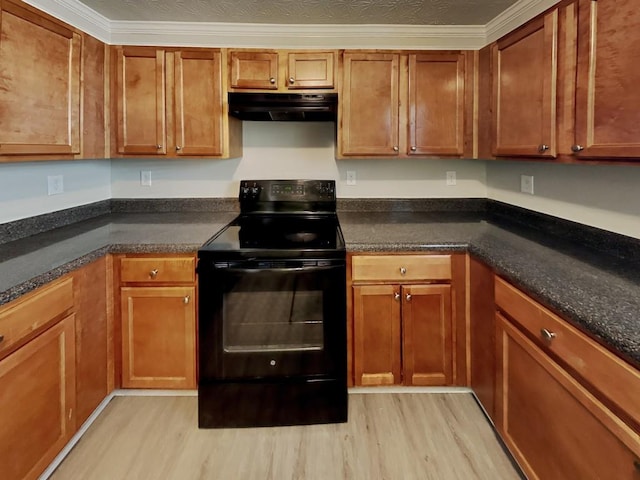kitchen with under cabinet range hood, light wood finished floors, black electric range oven, and brown cabinetry
