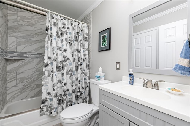 full bathroom with vanity, toilet, shower / bathtub combination with curtain, and ornamental molding