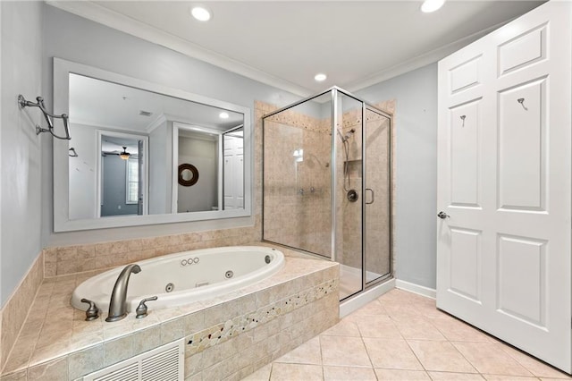 bathroom featuring tile patterned flooring, ceiling fan, crown molding, and plus walk in shower