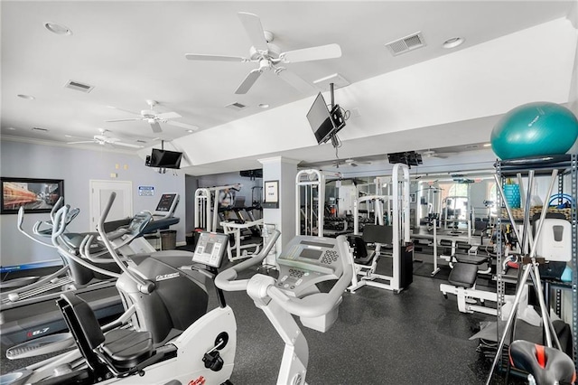 workout area featuring ceiling fan