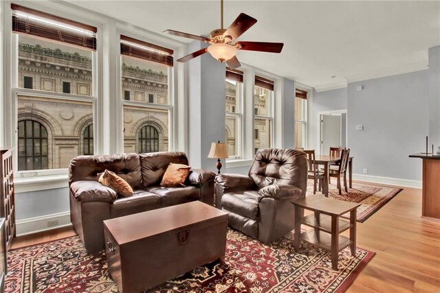 living room with ceiling fan and light hardwood / wood-style flooring