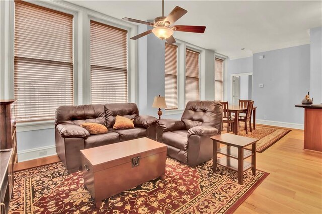 living room featuring ceiling fan and light wood-type flooring