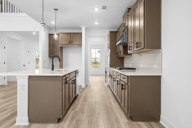 kitchen featuring pendant lighting, a kitchen island with sink, sink, range hood, and stainless steel appliances