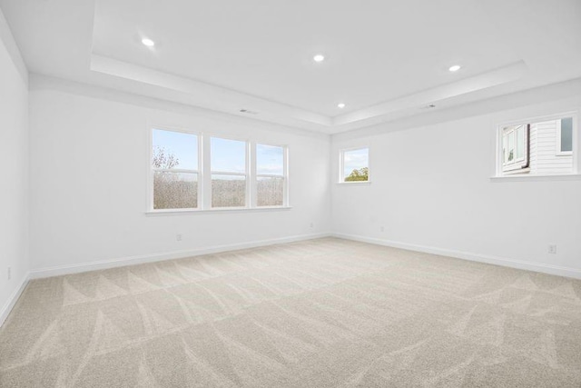 unfurnished room featuring a tray ceiling and light colored carpet