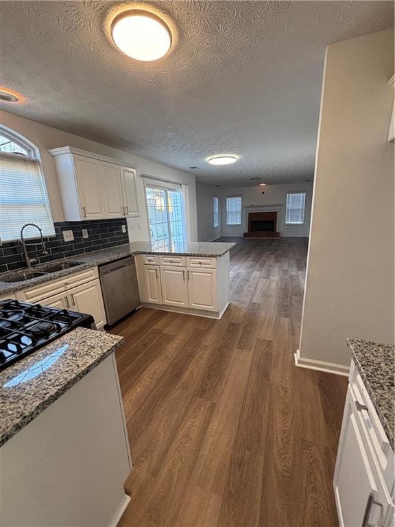 kitchen featuring dark wood-style floors, a peninsula, stainless steel dishwasher, white cabinetry, and a sink