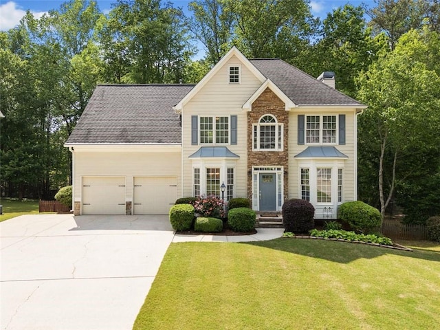 1126 Gate Post Ct, Powder Springs, GA 30127 - colonial inspired home with a front lawn, stone siding, a shingled roof, an attached garage, and driveway