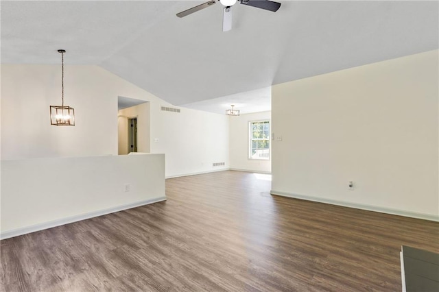 unfurnished living room featuring hardwood / wood-style floors, ceiling fan, and lofted ceiling