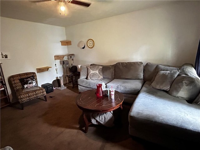 living room featuring carpet floors and ceiling fan