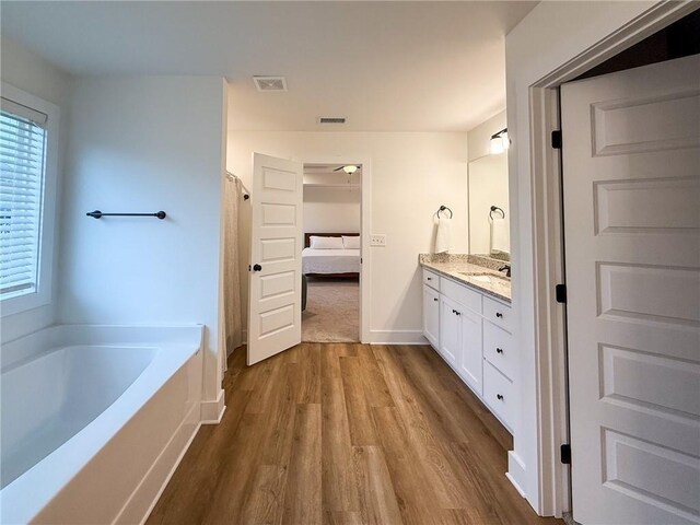 201 Advent Dr, Winder, GA 30680 - bathroom with wood finished floors, vanity, a garden tub, ensuite bathroom, and baseboards